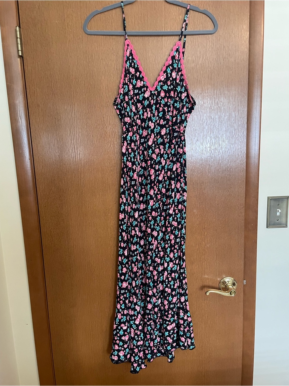 Cute Vintage Black Maxi Slip Dress with Pink and Teal Floral Print